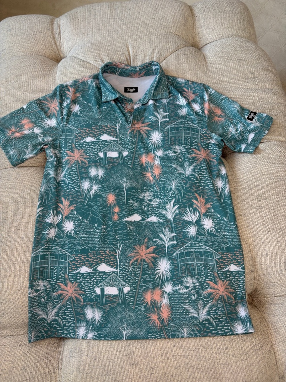 Waggle Golf Polo with Coral & White Tropical Print. Short Sleeve